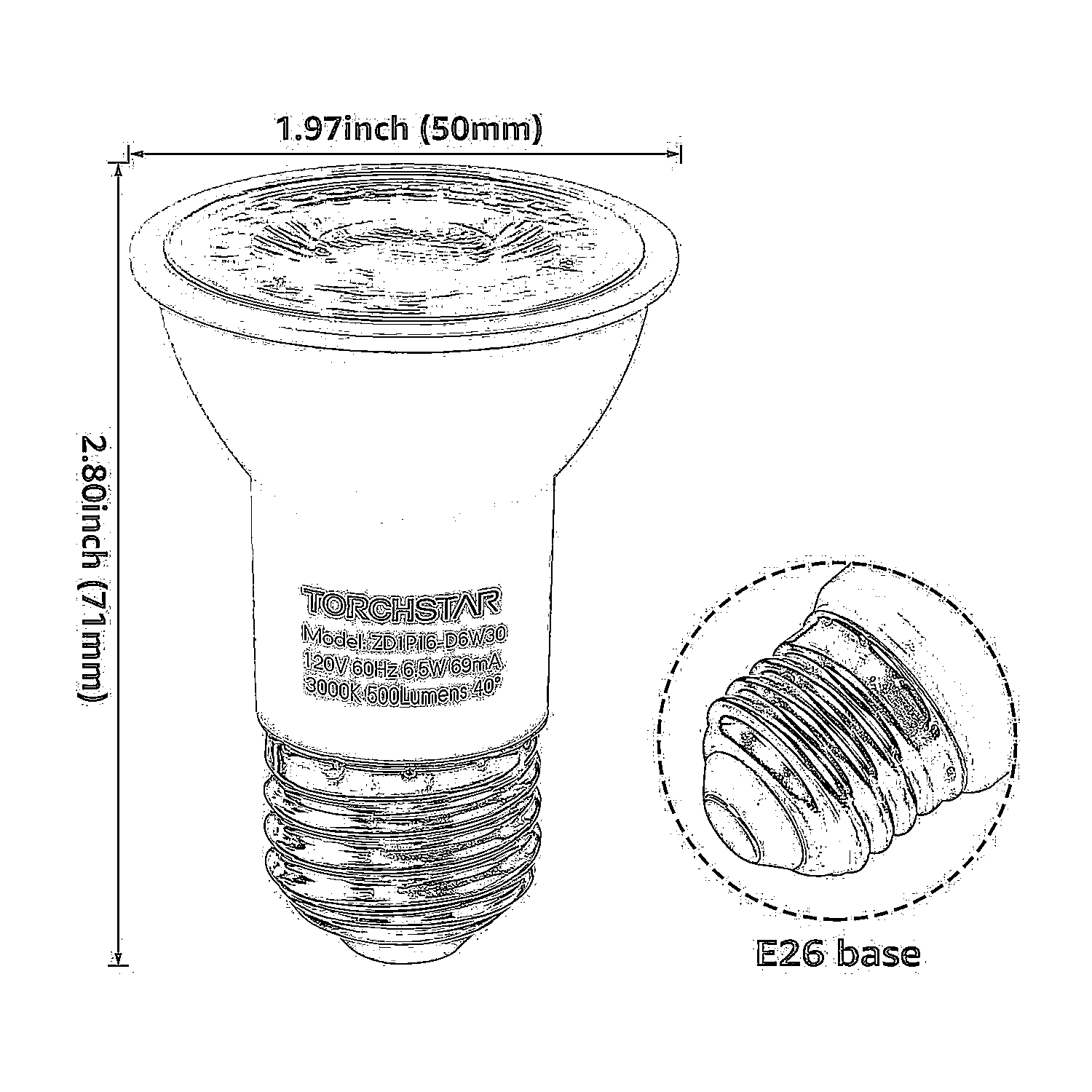 TORCHSTAR E-series 6.5W PAR16 LED Bulb - 3000K/4000K/5000K