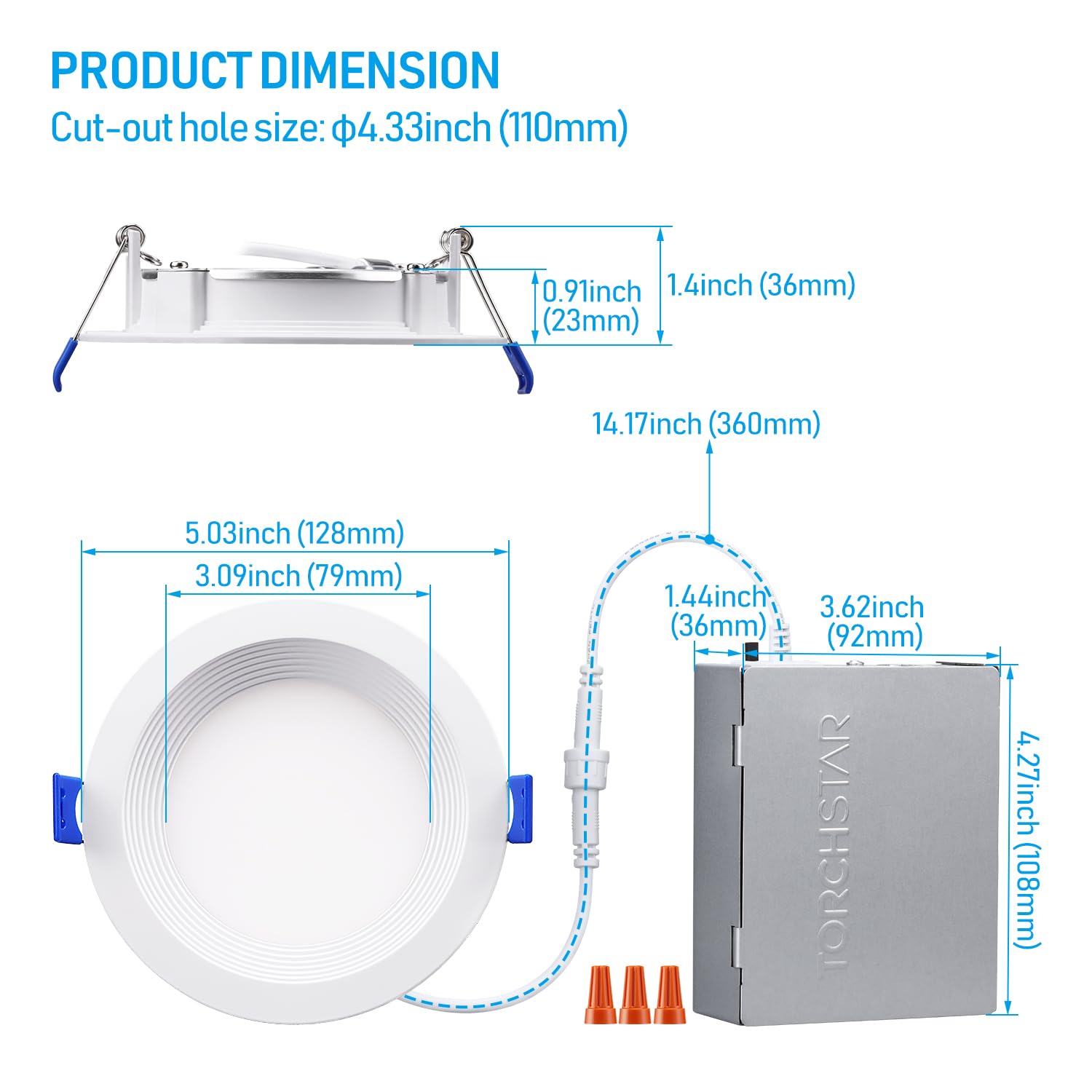 TORCHSTAR Baffedge 4" Low-profile Glare-free Canless LED Recessed Light - 10W Dimmable with Baffle Trim 1" Thick