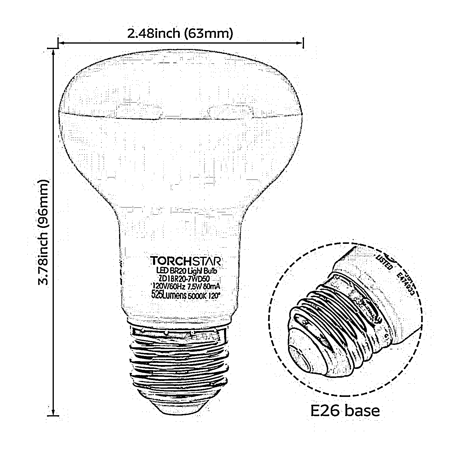 TORCHSTAR E-series 7.5W BR20 LED Bulb - 3000K/4000K/5000K